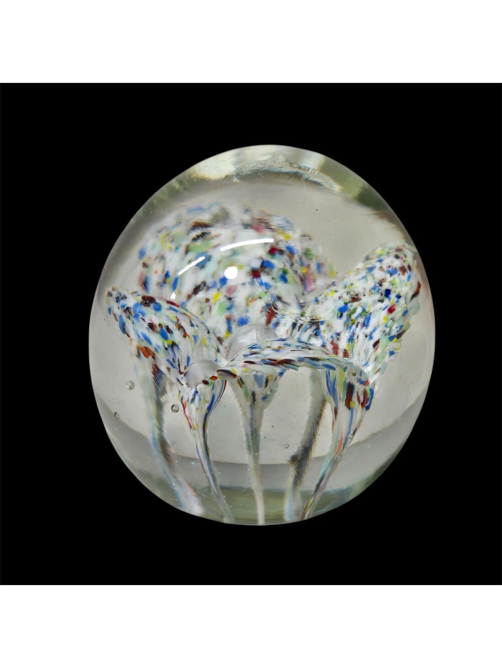 Vintage Art Glass Paperweight Multicolor Floral Pulled Feather MCM Decor 3”